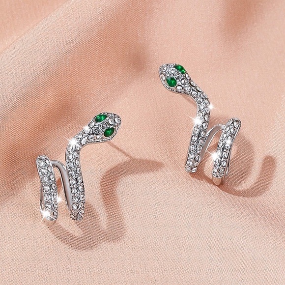 GlitzBlitz Boutique Jewelry - Silver Crystal Snake Pierced Cuff Earrings